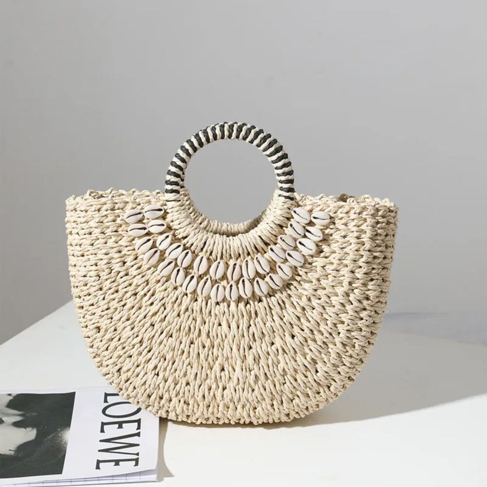 Straw Woven Tote‎ – Cream, Shell Detail, Lined, Drawstring, Resort Beach Bag NWT